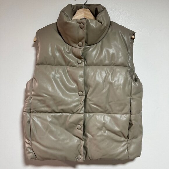Zara Faux Leather Puffer Vest in Taupe Beige – Size M